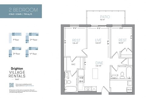 Floor plan for 2 beds, 2 baths, 758 sqft